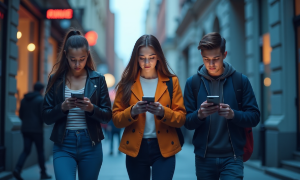 Teens Walking in the City While Using Smartphones