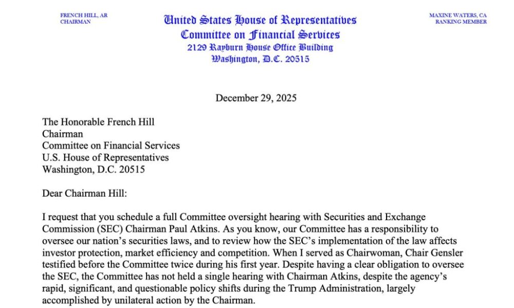 Maxine Waters SEC Hearing - Letter Screenshot