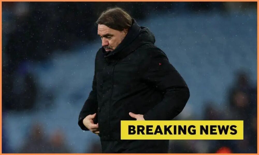Leeds United manager Daniel Farke with overlay of Breaking news