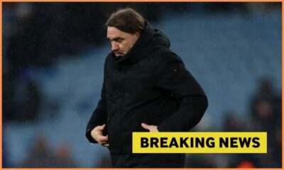 Leeds United manager Daniel Farke with overlay of Breaking news