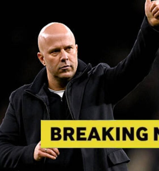 Arne Slot with overlay of breaking news