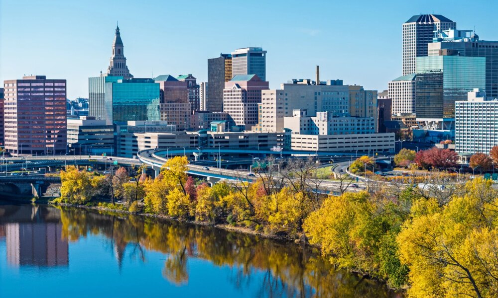 Hartford Connecticut Aerial with Skyline Bridge and River