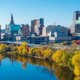 Hartford Connecticut Aerial with Skyline Bridge and River