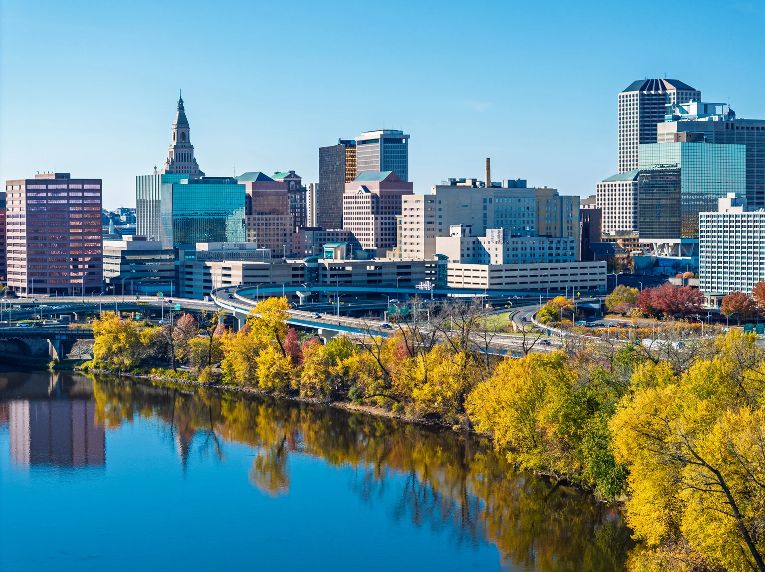 Hartford Connecticut Aerial with Skyline Bridge and River
