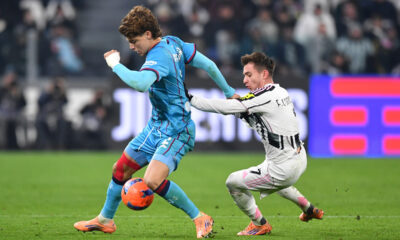 TURIN, ITALY - NOVEMBER 29: Francisco Fernandes da Conceicao of Juventus FC competes with Marco Palestra of Cagliari Calcio during the Serie A match between Juventus FC and Cagliari Calcio at Allianz Stadium on November 29, 2025 in Turin, Italy. (Photo by Valerio Pennicino/Getty Images)