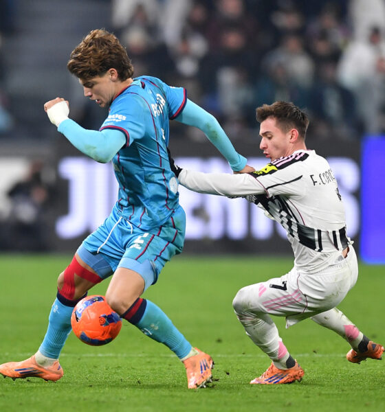 TURIN, ITALY - NOVEMBER 29: Francisco Fernandes da Conceicao of Juventus FC competes with Marco Palestra of Cagliari Calcio during the Serie A match between Juventus FC and Cagliari Calcio at Allianz Stadium on November 29, 2025 in Turin, Italy. (Photo by Valerio Pennicino/Getty Images)