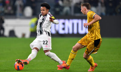 TURIN, ITALY - DECEMBER 02: Weston McKennie of Juventus is put under pressure by Nicolo Bertola of Udinese Calcio during the Coppa Italia match between Udinese Calcio and Juventus at Allianz Stadium on December 02, 2025 in Turin, Italy. (Photo by Valerio Pennicino/Getty Images)