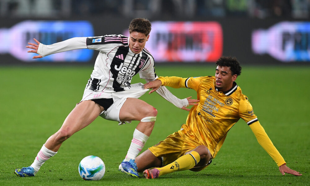 TURIN, ITALY - OCTOBER 29: Kenan Yildiz of Juventus FC is tackled by Arthur Atta of Udinese Calcio during the Serie A match between Juventus FC and Udinese Calcio at on October 29, 2025 in Turin, Italy. (Photo by Valerio Pennicino/Getty Images)