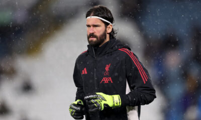 LEEDS, ENGLAND - DECEMBER 06: Alisson Becker of Liverpool warms up prior to the Premier League match between Leeds United and Liverpool at Elland Road on December 06, 2025 in Leeds, England. (Photo by Alex Livesey/Getty Images) (Salah)