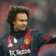 Juventus target Joshua Zirkzee of Manchester United gestures during the warm up prior to the Premier League match between Liverpool FC and Manchester United FC at Anfield on January 05, 2025 in Liverpool, England. (Photo by Carl Recine/Getty Images)