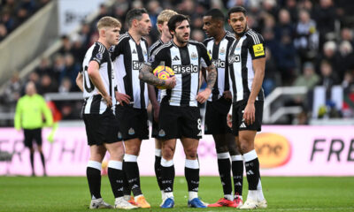 Newcastle players chat amongst themselves as Sandro Tonali prepares to take a free kick during the Premier League match between Newcastle United FC and Leicester City FC at St James