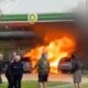 Huge fire erupts at BP petrol station engulfing two vehicles and pump as man seen on forecourt with axe before arrest