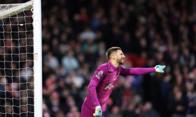 NOTTINGHAM, ENGLAND - DECEMBER 14: Guglielmo Vicario of Tottenham Hotspur during the Premier League match between Nottingham Forest and Tottenham Hotspur at City Ground on December 14, 2025 in Nottingham, England. (Photo by Naomi Baker/Getty Images)