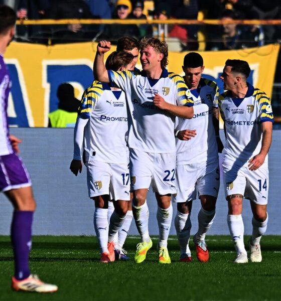 PARMA, ITALY - DECEMBER 27: Oliver Sorensen of Parma Calcio celebrates after scoring the opening goal during the Serie A match between Parma Calcio 1913 and ACF Fiorentina at Stadio Ennio Tardini on December 27, 2025 in Parma, Italy. (Photo by Alessandro Sabattini/Getty Images)