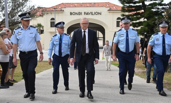 Australian Prime Minister Anthony Albanese visits the Bondi Pavilion where he laid flowers at Bondi Beach. Pic: AP