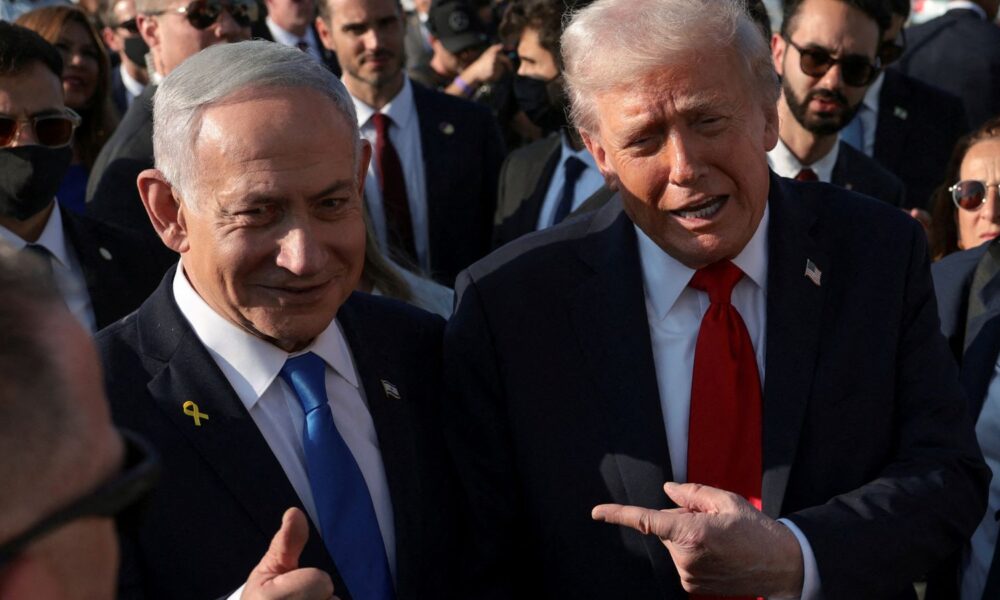 Donald Trump and Benjamin Netanyahu at Israel's Ben Gurion Airport in October. Pic: Reuters