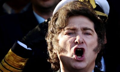Javier Milei at a ceremony to honour victims of the Falklands War. Pic: Reuters