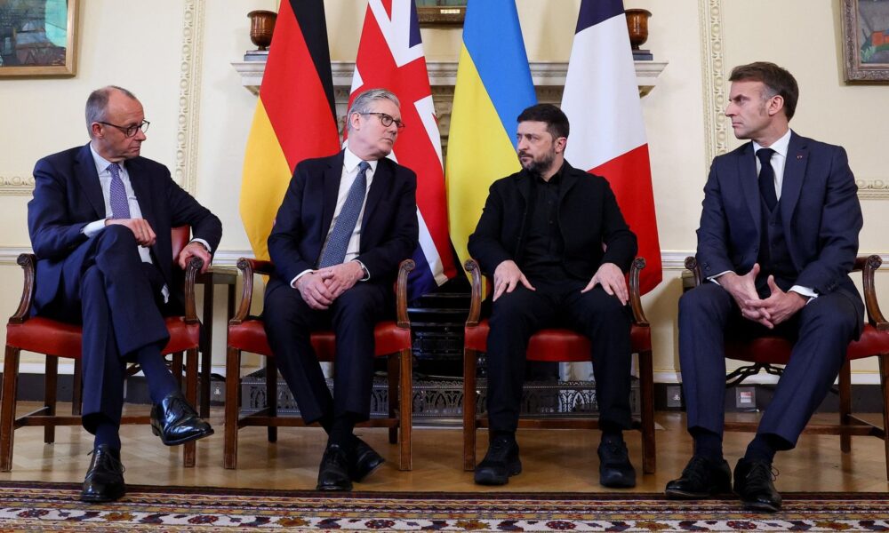 Friedrich Merz, Sir Keir Starmer, Volodymyr Zelenskyy and Emmanuel Macron at Downing Street. Pic: Reuters