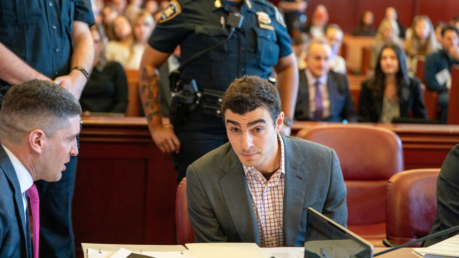 Luigi Mangione appears in a New York court for an evidence hearing, on 1 December. Pic: AP