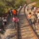 Passengers gather by tracks after a train derailment in Oaxaca state, Mexico. Pic: Social media video via Reuters