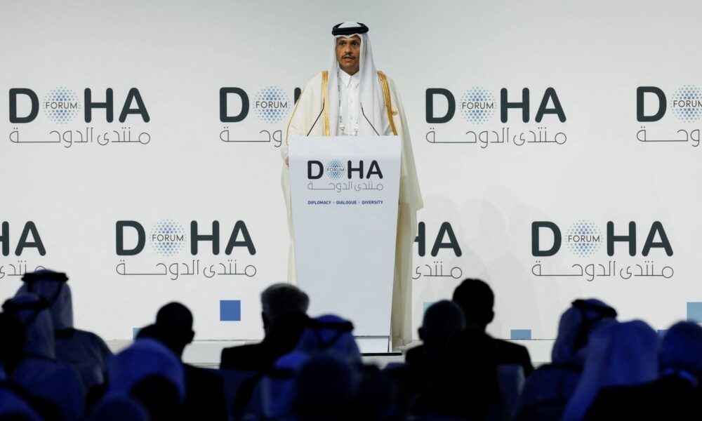 Qatar's prime minister speaks on the first day of the 23rd edition of the annual Doha Forum. Pic: Reuters