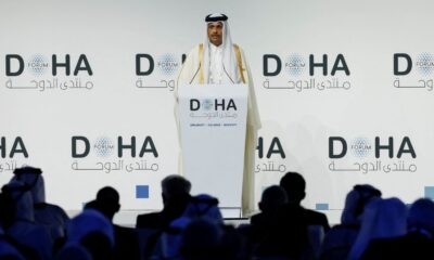 Qatar's prime minister speaks on the first day of the 23rd edition of the annual Doha Forum. Pic: Reuters