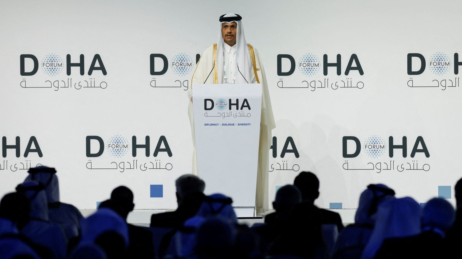 Qatar's prime minister speaks on the first day of the 23rd edition of the annual Doha Forum. Pic: Reuters