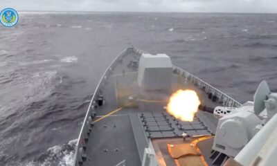 A ship fires a weapon during drills east of Taiwan, in this screenshot from a video released by the Eastern Theatre Command