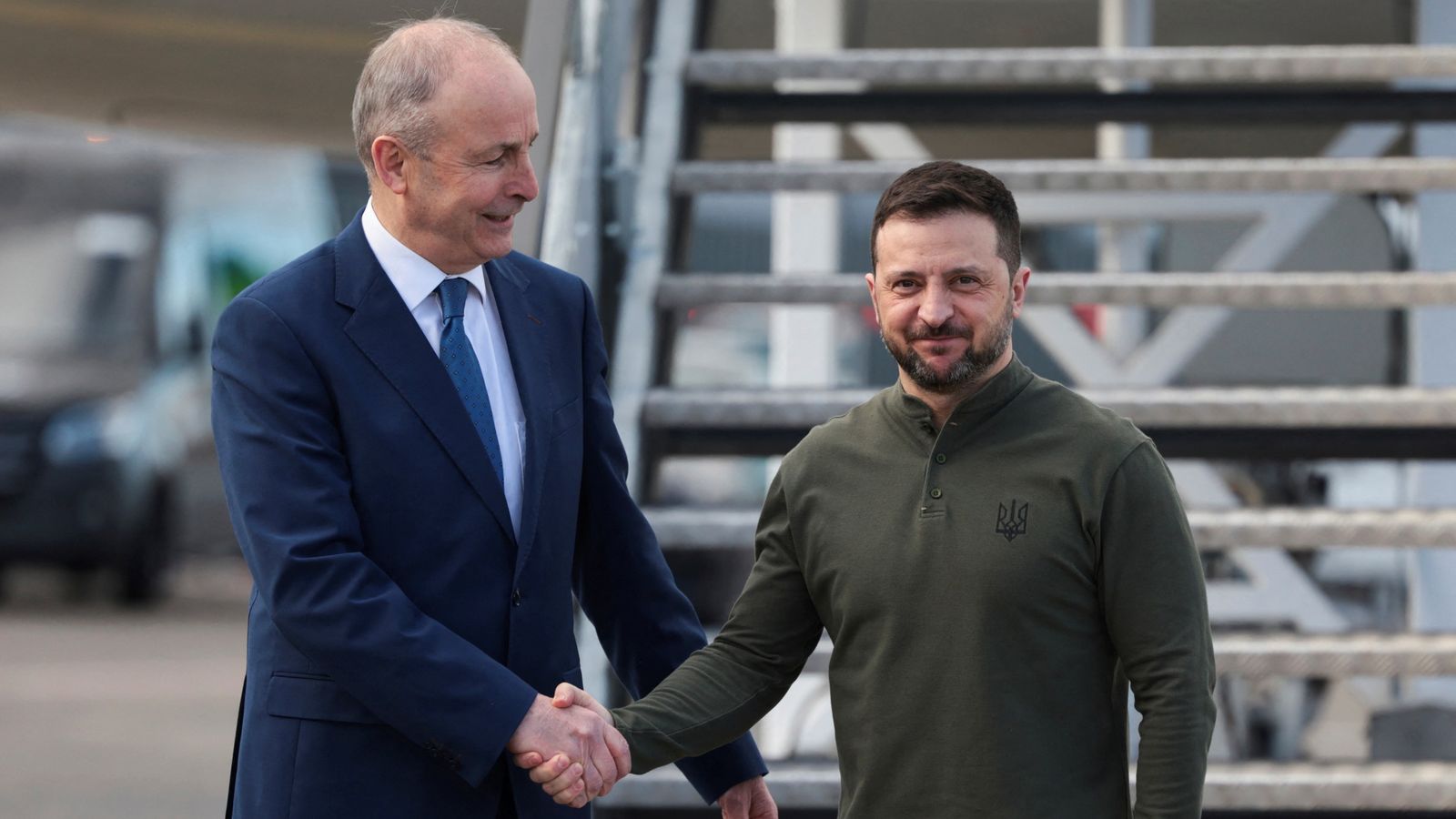 Micheal Martin greets Volodymyr Zelenskyy as he briefly stops in Ireland on way to the US in February. Pic: Reuters