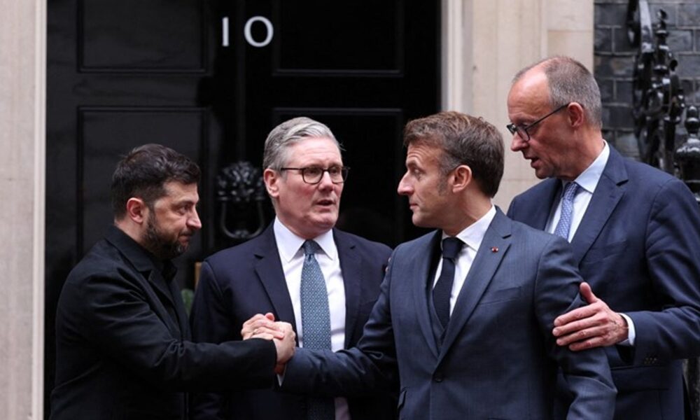 Volodymyr Zelenskyy, Sir Keir Starmer, French President Emmanuel Macron and German Chancellor Friedrich Merz. Pic: Reuters