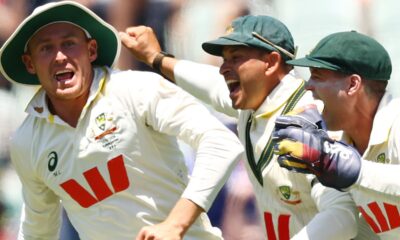 Australia celebrate winning moment in third Ashes Test