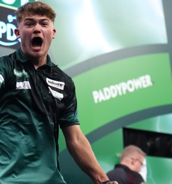 Charlie Manby celebrates defeating Cameron Menzies on day five of the Paddy Power World Darts Championship at the Alexandra Palace, London.