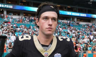 New Orleans Saints place kicker Charlie Smyth (39) stands on the field at the end of an NFL football game against the Miami Dolphins Sunday, Nov. 30, 2025, in Miami Gardens, Fla. (AP Photo/Lynne Sladky)