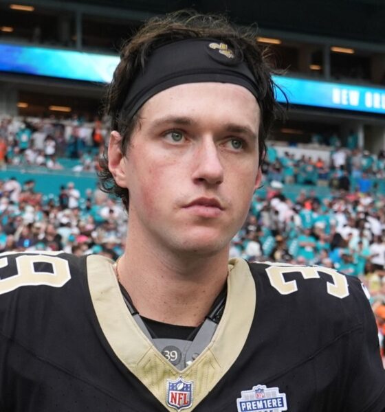 New Orleans Saints place kicker Charlie Smyth (39) stands on the field at the end of an NFL football game against the Miami Dolphins Sunday, Nov. 30, 2025, in Miami Gardens, Fla. (AP Photo/Lynne Sladky)