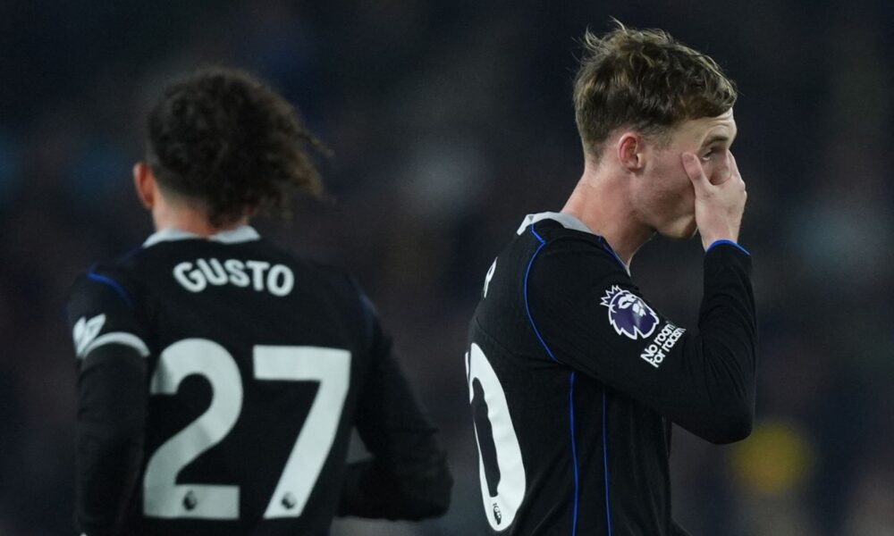 Chelsea's Cole Palmer reacts during the 3-1 defeat to Leeds