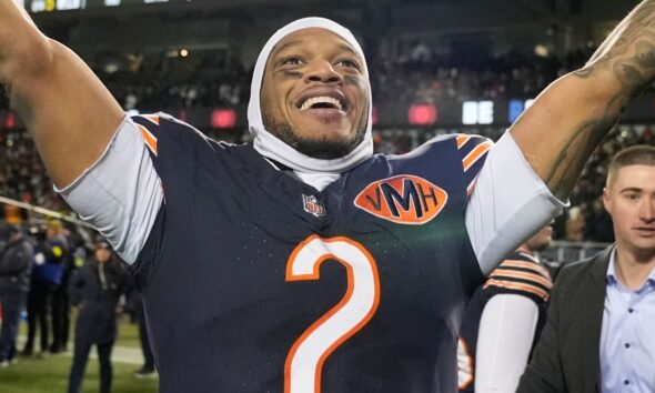 Chicago Bears' DJ Moore celebrates after an NFL football game against the Green Bay Packers Saturday