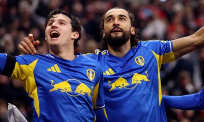 Dominic Calvert-Lewin (centre) celebrates after equalising for Leeds at Sunderland