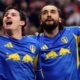 Dominic Calvert-Lewin (centre) celebrates after equalising for Leeds at Sunderland