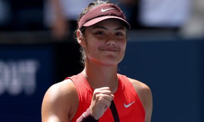 Emma Raducanu of Great Britain celebrates match point against Ena Shibahara of Japan during their Women's Singles First Round match on Day O