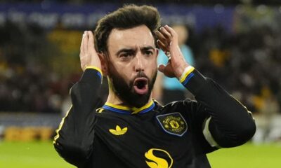 Manchester United's Bruno Fernandes celebrates after scoring a goal against Wolves
