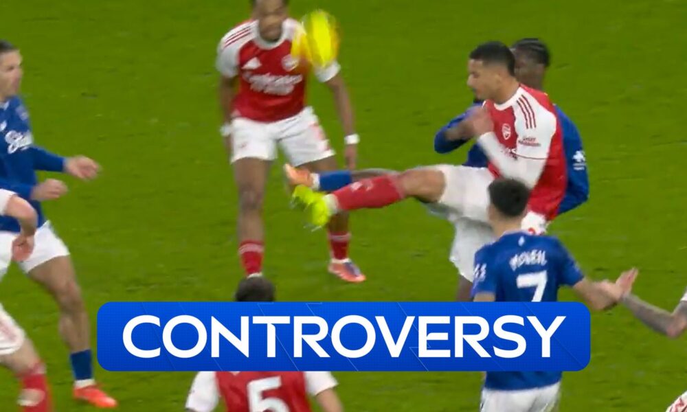 Arsenal defender William Saliba's challenge on Everton's Thierno Barry is checked for a possible penalty - but cleared.