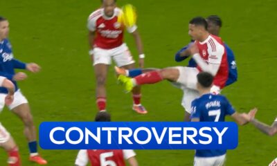 Arsenal defender William Saliba's challenge on Everton's Thierno Barry is checked for a possible penalty - but cleared.