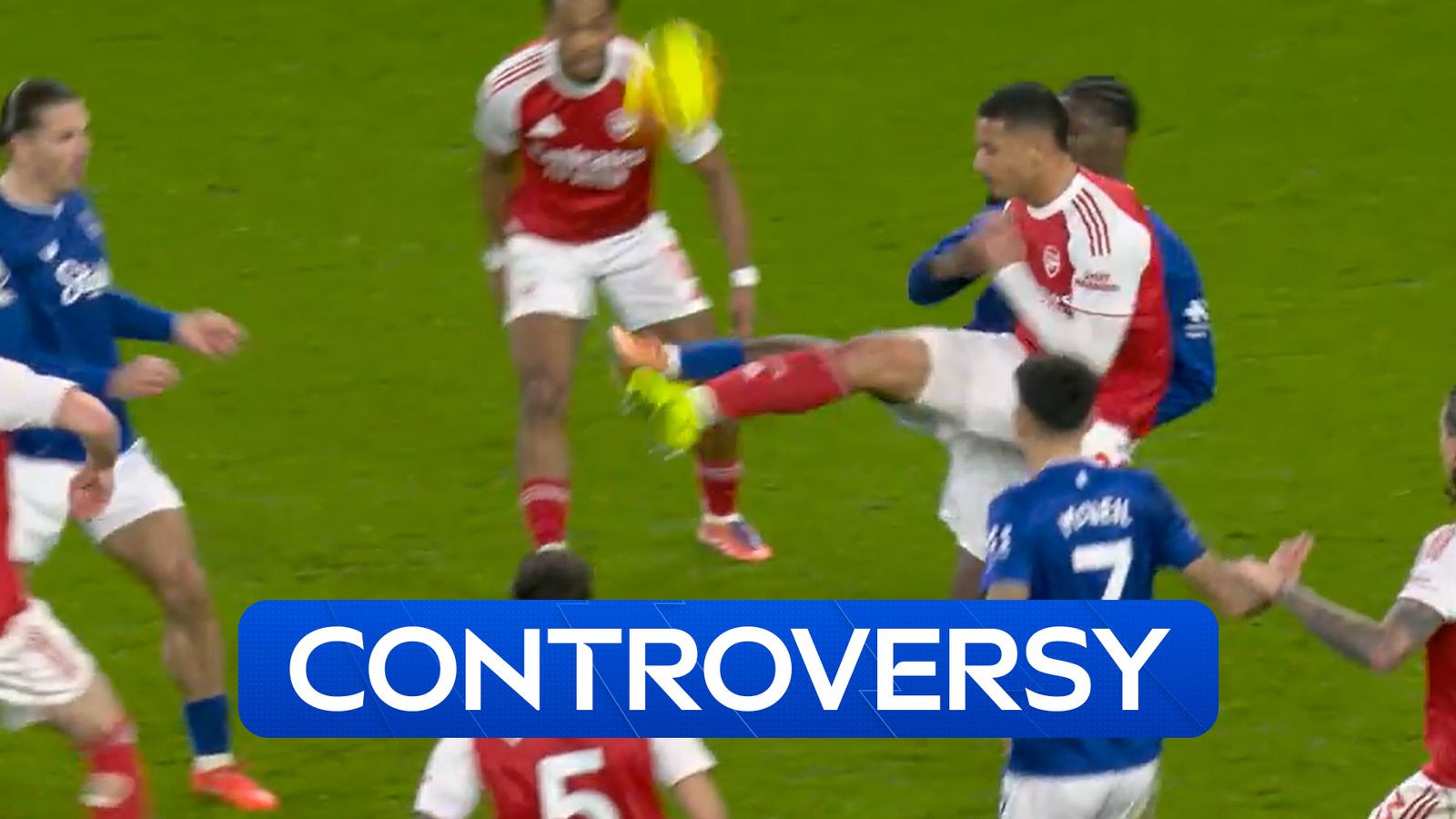 Arsenal defender William Saliba's challenge on Everton's Thierno Barry is checked for a possible penalty - but cleared.