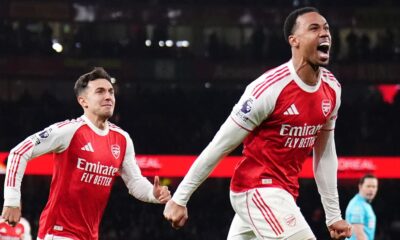 Arsenal's Gabriel celebrates scoring early in the second half
