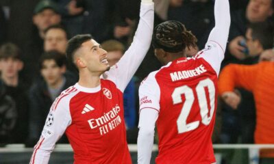 Arsenal's Gabriel Martinelli celebrates scoring their side's third goal of the game during the UEFA Champions League match at the Jan Breyde