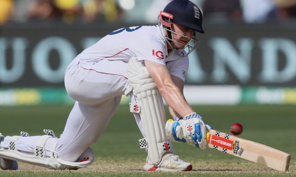 England's Harry Brook plays a sweep shot during play on day four of the third Ashes cricket test between England and Australia in Adelaide, Australia, Saturday, Dec. 20, 2025. (AP Photo/James Elsby)