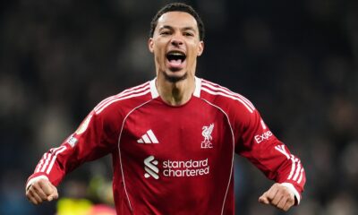 Liverpool's Hugo Ekitike celebrates the 2-1 win over Spurs at full time
