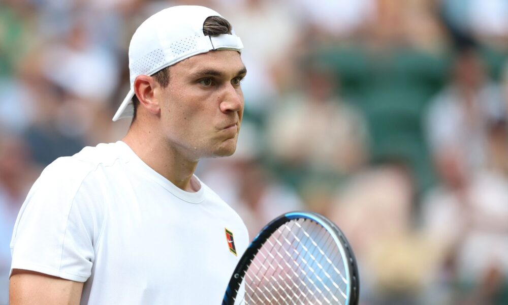 Jack Draper (GBR) [4] during his Gentlemen's Singles First Round match against Sebastian Baez (ARG) during day two of The Championships Wimb