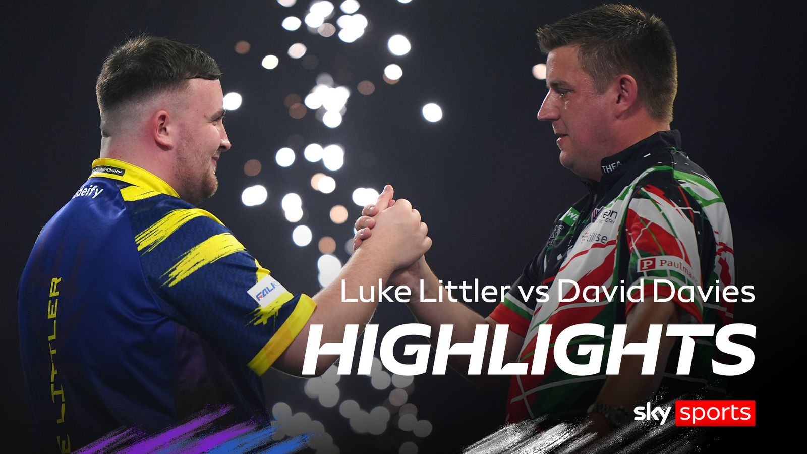 England's Luke Littler (left) shake hands with Wales' David Davies following victory in the Round 2 match on day eleven of the Paddy Power World Darts Championship at the Alexandra Palace, London.