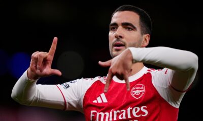 Arsenal's Mikel Merino celebrates after scoring his sides first goal